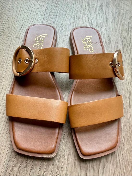 Franco Sarto Shoes - Franco Sarto Cognac Leather Slide Sandals with Gold Buckle